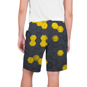 Мужские шорты 3D с принтом Разноцветные Соты Пчёл в Новосибирске,  полиэстер 100% | прямой крой, два кармана без застежек по бокам. Мягкая трикотажная резинка на поясе, внутри которой широкие завязки. Длина чуть выше колен | bees | geometry | hexagon | honeycombs | геометрия | пчёлы | соты | шестиугольник