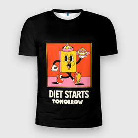 Мужская футболка 3D Slim с принтом Diet starts... в Петрозаводске, 100% полиэстер с улучшенными характеристиками | приталенный силуэт, круглая горловина, широкие плечи, сужается к линии бедра | диета | иллюстрация | сила духа | спорт | уверенность