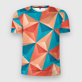 Мужская футболка 3D Slim с принтом Розово бирюзовая полигональ в Петрозаводске, 100% полиэстер с улучшенными характеристиками | приталенный силуэт, круглая горловина, широкие плечи, сужается к линии бедра | 3д | polygonal | выпуклое | геометрия | объем | полигональ | треугольник