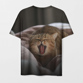 Мужская футболка 3D с принтом Эх, поспать бы Зевающий котяра , 100% полиэфир | прямой крой, круглый вырез горловины, длина до линии бедер | cat | ears | jaw | kitten | moustache | muzzle | tongue | кот | котёнок | кошка | мордочка | пасть | усы | уши | язык