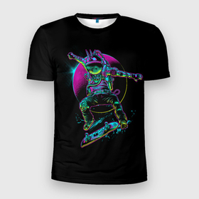 Мужская футболка 3D Slim с принтом SKATEBOARDER IN SPACE в Курске, 100% полиэстер с улучшенными характеристиками | приталенный силуэт, круглая горловина, широкие плечи, сужается к линии бедра | planet | skateboard board | skateboarder | space | spacesuit | космос | планета | скафандр | скейтбордист | скейтбордовая доска