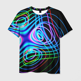 Мужская футболка 3D с принтом Неоновое множество линий   Голубой , 100% полиэфир | прямой крой, круглый вырез горловины, длина до линии бедер | abstraction | art | artwork | colorful | colors | dark | darkness | lines | neon | surrealism | waves | абстракция | арт | волны | искусство | линии | неон | разноцветный | сюрреализм | темнота | тьма | цвета