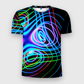 Мужская футболка 3D Slim с принтом Неоновое множество линий   Голубой , 100% полиэстер с улучшенными характеристиками | приталенный силуэт, круглая горловина, широкие плечи, сужается к линии бедра | abstraction | art | artwork | colorful | colors | dark | darkness | lines | neon | surrealism | waves | абстракция | арт | волны | искусство | линии | неон | разноцветный | сюрреализм | темнота | тьма | цвета