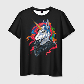 Мужская футболка 3D с принтом UNICORN METALHEAD , 100% полиэфир | прямой крой, круглый вырез горловины, длина до линии бедер | Тематика изображения на принте: animal | colored mane | horn | horse | metalworker | животное | лошадь | металлист | рог | цветная грива