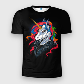 Мужская футболка 3D Slim с принтом UNICORN METALHEAD , 100% полиэстер с улучшенными характеристиками | приталенный силуэт, круглая горловина, широкие плечи, сужается к линии бедра | animal | colored mane | horn | horse | metalworker | животное | лошадь | металлист | рог | цветная грива