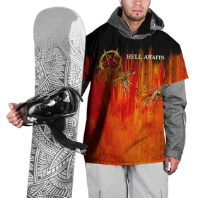 Накидка на куртку 3D с принтом Hell Awaits   Slayer в Санкт-Петербурге, 100% полиэстер |  | slayer | группа | гэри холт | керри кинг | метал | музыка | пентаграмма | песни | пол бостаф | рок | слаер | слайер | слеар | слеер | слейр | слеяр | том арайа | трэш | тяжелый | хеви