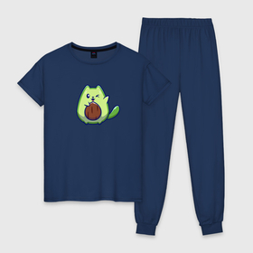 Женская пижама хлопок с принтом Авокакот в Тюмени, 100% хлопок | брюки и футболка прямого кроя, без карманов, на брюках мягкая резинка на поясе и по низу штанин | авокадо | зеленый | кот | хвост | юмор
