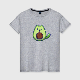 Женская футболка хлопок с принтом Авокакот , 100% хлопок | прямой крой, круглый вырез горловины, длина до линии бедер, слегка спущенное плечо | авокадо | зеленый | кот | хвост | юмор