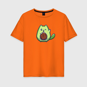 Женская футболка хлопок Oversize с принтом Авокакот , 100% хлопок | свободный крой, круглый ворот, спущенный рукав, длина до линии бедер
 | авокадо | зеленый | кот | хвост | юмор