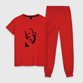 Женская пижама хлопок с принтом Девушка  минимализм песни в Тюмени, 100% хлопок | брюки и футболка прямого кроя, без карманов, на брюках мягкая резинка на поясе и по низу штанин | 80е | арт | мерлин | монро | принт