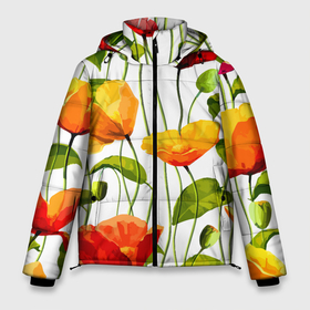 Мужская зимняя куртка 3D с принтом Волнообразный узор из цветков мака   Лето в Тюмени, верх — 100% полиэстер; подкладка — 100% полиэстер; утеплитель — 100% полиэстер | длина ниже бедра, свободный силуэт Оверсайз. Есть воротник-стойка, отстегивающийся капюшон и ветрозащитная планка. 

Боковые карманы с листочкой на кнопках и внутренний карман на молнии. | Тематика изображения на принте: fashion | flowers | leaf | pattern | stem | summer | лето | лист | маки | мода | паттерн | стебель | цветы