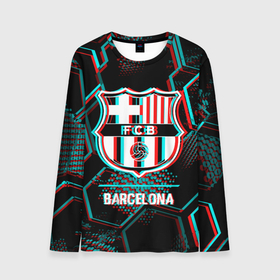 Мужской лонгслив 3D с принтом Barcelona FC в стиле Glitch на темном фоне в Курске, 100% полиэстер | длинные рукава, круглый вырез горловины, полуприлегающий силуэт | barcelona | club | fc | football | glitch | logo | paint | барселона | брызги | глитч | клуб | краска | лого | мяч | символ | спорт | футбол | футболист | футболисты | футбольный
