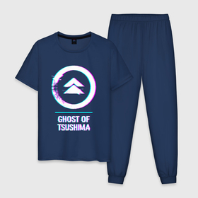 Мужская пижама хлопок с принтом Ghost of Tsushima в стиле Glitch (Баги Графики) в Новосибирске, 100% хлопок | брюки и футболка прямого кроя, без карманов, на брюках мягкая резинка на поясе и по низу штанин
 | ghost | ghost of tsushima | glitch | logo | tsushima | баги | глитч | гост | игра | игры | лого | логотип | призрак | символ | цусима | цусимы
