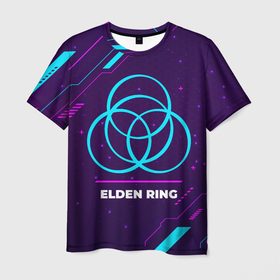 Мужская футболка 3D с принтом Символ Elden Ring в неоновых цветах на темном фоне , 100% полиэфир | прямой крой, круглый вырез горловины, длина до линии бедер | elden | elden ring | logo | neon | ring | игра | игры | лого | логотип | неон | огонь | пламя | ринг | символ | элден