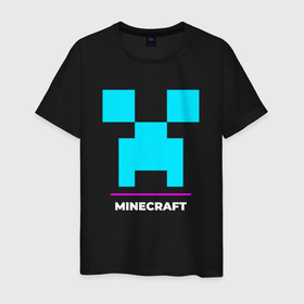 Мужская футболка хлопок с принтом Символ Minecraft в неоновых цветах в Петрозаводске, 100% хлопок | прямой крой, круглый вырез горловины, длина до линии бедер, слегка спущенное плечо. | Тематика изображения на принте: logo | minecraft | neon | игра | игры | лого | логотип | майнкрафт | неон | символ