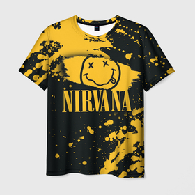 Мужская футболка 3D с принтом NIRVANA логотип и краска в Новосибирске, 100% полиэфир | прямой крой, круглый вырез горловины, длина до линии бедер | nirvana | группа | курт кобейн | музыка | нирвана | рок | рок группа