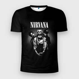 Мужская футболка 3D Slim с принтом Nirvana рок группа в Курске, 100% полиэстер с улучшенными характеристиками | приталенный силуэт, круглая горловина, широкие плечи, сужается к линии бедра | Тематика изображения на принте: nirvana | группа | курт кобейн | логотип | музыка | нирвана | рок | рок группа