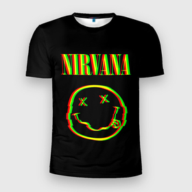 Мужская футболка 3D Slim с принтом Nirvana глитч в Екатеринбурге, 100% полиэстер с улучшенными характеристиками | приталенный силуэт, круглая горловина, широкие плечи, сужается к линии бедра | nirvana | глитч | гранж | группа | курт кобейн | логотип | музыка | нирвана | рок | рок группа