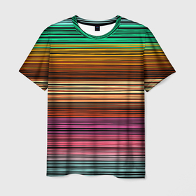 Мужская футболка 3D с принтом Multicolored thin stripes Разноцветные полосы в Тюмени, 100% полиэфир | прямой крой, круглый вырез горловины, длина до линии бедер | Тематика изображения на принте: multicolored | striped pattern | thin stripes | линии | полосатый узор | разноцветные полосы | разноцветный