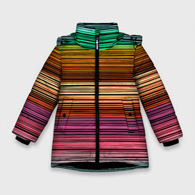 Зимняя куртка для девочек 3D с принтом Multicolored thin stripes Разноцветные полосы в Екатеринбурге, ткань верха — 100% полиэстер; подклад — 100% полиэстер, утеплитель — 100% полиэстер. | длина ниже бедра, удлиненная спинка, воротник стойка и отстегивающийся капюшон. Есть боковые карманы с листочкой на кнопках, утяжки по низу изделия и внутренний карман на молнии. 

Предусмотрены светоотражающий принт на спинке, радужный светоотражающий элемент на пуллере молнии и на резинке для утяжки. | Тематика изображения на принте: multicolored | striped pattern | thin stripes | линии | полосатый узор | разноцветные полосы | разноцветный