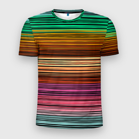 Мужская футболка 3D Slim с принтом Multicolored thin stripes Разноцветные полосы в Тюмени, 100% полиэстер с улучшенными характеристиками | приталенный силуэт, круглая горловина, широкие плечи, сужается к линии бедра | Тематика изображения на принте: multicolored | striped pattern | thin stripes | линии | полосатый узор | разноцветные полосы | разноцветный