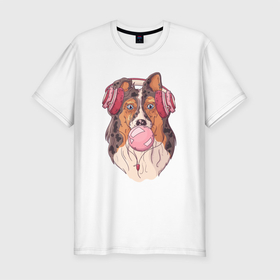 Мужская футболка хлопок Slim с принтом Собачка надувает жвачный пузырь в Белгороде, 92% хлопок, 8% лайкра | приталенный силуэт, круглый вырез ворота, длина до линии бедра, короткий рукав | Тематика изображения на принте: жвачка | жвачный пузырь | пузырь | собака | собачка