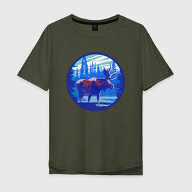 Мужская футболка хлопок Oversize с принтом Лось в лесу Blue в Кировске, 100% хлопок | свободный крой, круглый ворот, “спинка” длиннее передней части | лес | лось | лось в лесу | рога | синий круг