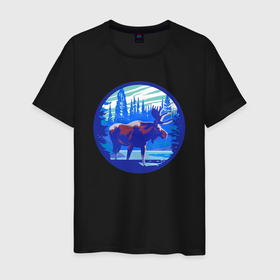 Мужская футболка хлопок с принтом Лось в лесу Blue в Кировске, 100% хлопок | прямой крой, круглый вырез горловины, длина до линии бедер, слегка спущенное плечо. | Тематика изображения на принте: лес | лось | лось в лесу | рога | синий круг