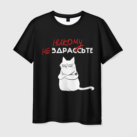 Мужская футболка 3D с принтом Неприветливый кот в Тюмени, 100% полиэфир | прямой крой, круглый вырез горловины, длина до линии бедер | Тематика изображения на принте: cat | кот | мемы | надпись | черный юмор