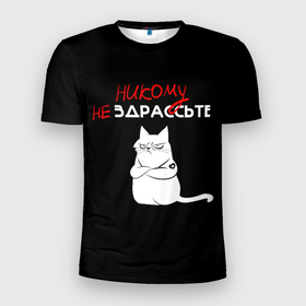 Мужская футболка 3D Slim с принтом Неприветливый кот в Петрозаводске, 100% полиэстер с улучшенными характеристиками | приталенный силуэт, круглая горловина, широкие плечи, сужается к линии бедра | cat | кот | мемы | надпись | черный юмор