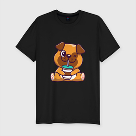 Мужская футболка хлопок Slim с принтом Drinking Dog в Новосибирске, 92% хлопок, 8% лайкра | приталенный силуэт, круглый вырез ворота, длина до линии бедра, короткий рукав | Тематика изображения на принте: animals | dog | бульдог | гав | друг | животные | пёс | питомец | собака | собачка | щенок