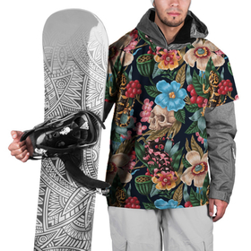 Накидка на куртку 3D с принтом Паттерн из цветов, черепов и саламандр в Екатеринбурге, 100% полиэстер |  | color | fashion | hipster | leaf | pattern | salamander | skull | summer | авангард | лето | лист | мода | паттерн | саламандра | хипстер | цвет | цветы | череп