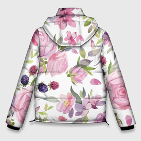 Мужская зимняя куртка 3D с принтом Летний красочный паттерн из цветков розы и ягод ежевики и малины в Белгороде, верх — 100% полиэстер; подкладка — 100% полиэстер; утеплитель — 100% полиэстер | длина ниже бедра, свободный силуэт Оверсайз. Есть воротник-стойка, отстегивающийся капюшон и ветрозащитная планка. 

Боковые карманы с листочкой на кнопках и внутренний карман на молнии. | blackberry | flowers | pattern | raspberry | rose | summer | ежевика | лето | малина | паттерн | роза | цветы