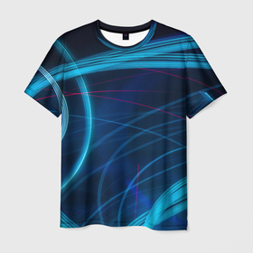 Мужская футболка 3D с принтом Неоновые волнообразные линии   Голубой в Санкт-Петербурге, 100% полиэфир | прямой крой, круглый вырез горловины, длина до линии бедер | abstraction | art | artwork | colorful | colors | lines | neon | surrealism | waves | абстракция | арт | волны | искусство | линии | неон | разноцветный | сюрреализм | цвета