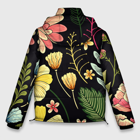 Мужская зимняя куртка 3D с принтом Яркие цветы на фоне тёмной летней ночи в Тюмени, верх — 100% полиэстер; подкладка — 100% полиэстер; утеплитель — 100% полиэстер | длина ниже бедра, свободный силуэт Оверсайз. Есть воротник-стойка, отстегивающийся капюшон и ветрозащитная планка. 

Боковые карманы с листочкой на кнопках и внутренний карман на молнии. | color | flowers | leafs | night | summer | лето | листья | ночь | цвет | цветы