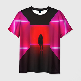 Мужская футболка 3D с принтом Неоновый коридор и человек   Розовый , 100% полиэфир | прямой крой, круглый вырез горловины, длина до линии бедер | abstraction | art | artwork | colorful | colors | corridor | dark | darkness | girl | human | man | neon | surrealism | woman | абстракция | арт | девушка | искусство | коридор | неон | разноцветный | сюрреализм | темнота | тьма | цвета | человек