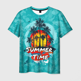 Мужская футболка 3D с принтом summer time   летнее время в Белгороде, 100% полиэфир | прямой крой, круглый вырез горловины, длина до линии бедер | art | sea | акварель | бирюза | кляксы | лето | море | небо | океан | отдых | отпуск | пальмы | песок | пляж | сезон