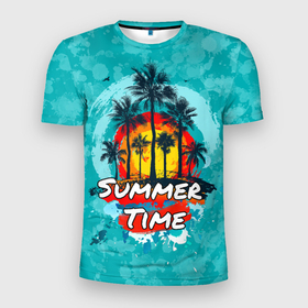 Мужская футболка 3D Slim с принтом summer time   летнее время в Новосибирске, 100% полиэстер с улучшенными характеристиками | приталенный силуэт, круглая горловина, широкие плечи, сужается к линии бедра | art | sea | акварель | бирюза | кляксы | лето | море | небо | океан | отдых | отпуск | пальмы | песок | пляж | сезон
