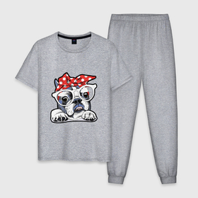 Мужская пижама хлопок с принтом BULLDOG WITH GLASSES AND A BANDANA в Белгороде, 100% хлопок | брюки и футболка прямого кроя, без карманов, на брюках мягкая резинка на поясе и по низу штанин
 | dog lover | french | funny | pet | puppy | домашнее животное | забавный | любитель собак | милый | французский | щенок
