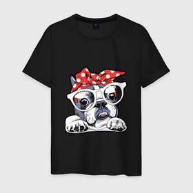 Мужская футболка хлопок с принтом BULLDOG WITH GLASSES AND A BANDANA в Белгороде, 100% хлопок | прямой крой, круглый вырез горловины, длина до линии бедер, слегка спущенное плечо. | Тематика изображения на принте: dog lover | french | funny | pet | puppy | домашнее животное | забавный | любитель собак | милый | французский | щенок