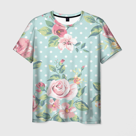 Мужская футболка 3D с принтом Романтические розы в Тюмени, 100% полиэфир | прямой крой, круглый вырез горловины, длина до линии бедер | Тематика изображения на принте: горошек | зеленый | круг | листок | мятный | роза | узор | цветок