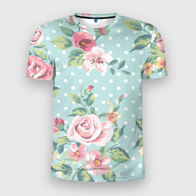 Мужская футболка 3D Slim с принтом Романтические розы в Тюмени, 100% полиэстер с улучшенными характеристиками | приталенный силуэт, круглая горловина, широкие плечи, сужается к линии бедра | Тематика изображения на принте: горошек | зеленый | круг | листок | мятный | роза | узор | цветок