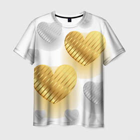 Мужская футболка 3D с принтом Золотые и серебряные сердца в Петрозаводске, 100% полиэфир | прямой крой, круглый вырез горловины, длина до линии бедер | 