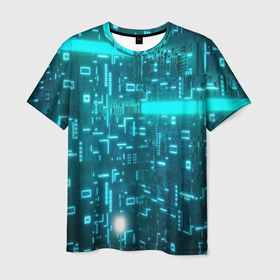 Мужская футболка 3D с принтом голубая схема в Петрозаводске, 100% полиэфир | прямой крой, круглый вырез горловины, длина до линии бедер | компьютер | полоски | програмист | схема