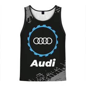 Мужская майка 3D с принтом Audi в стиле Top Gear со следами шин на фоне , 100% полиэстер | круглая горловина, приталенный силуэт, длина до линии бедра. Пройма и горловина окантованы тонкой бейкой | audi | auto | brand | gear | logo | symbol | top | авто | ауди | бренд | гир | лого | символ | следы | топ | шин | шины
