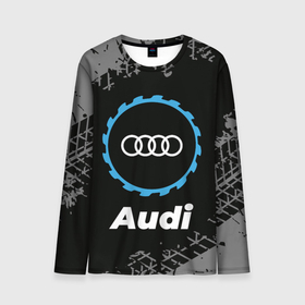 Мужской лонгслив 3D с принтом Audi в стиле Top Gear со следами шин на фоне в Тюмени, 100% полиэстер | длинные рукава, круглый вырез горловины, полуприлегающий силуэт | audi | auto | brand | gear | logo | symbol | top | авто | ауди | бренд | гир | лого | символ | следы | топ | шин | шины