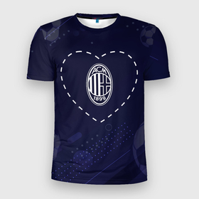 Мужская футболка 3D Slim с принтом Лого AC Milan в сердечке на фоне мячей в Новосибирске, 100% полиэстер с улучшенными характеристиками | приталенный силуэт, круглая горловина, широкие плечи, сужается к линии бедра | 