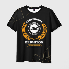 Мужская футболка 3D с принтом Лого Brighton и надпись Legendary Football Club на темном фоне в Тюмени, 100% полиэфир | прямой крой, круглый вырез горловины, длина до линии бедер | brighton | club | football | logo | брайтон | клуб | краска | лого | мяч | символ | спорт | футбол | футболист | футболисты | футбольный