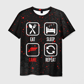 Мужская футболка 3D с принтом Eat, Sleep, Forza Horizon, Repeat в Санкт-Петербурге, 100% полиэфир | прямой крой, круглый вырез горловины, длина до линии бедер | eat sleep repeat | forza | forza horizon | horizon | logo | игра | игры | краска | лого | логотип | символ | спрей | форза | хорайзон