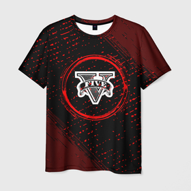 Мужская футболка 3D с принтом Символ GTA и краска вокруг на темном фоне в Тюмени, 100% полиэфир | прямой крой, круглый вырез горловины, длина до линии бедер | auto | grand | gta | logo | theft | гта | игра | игры | краска | лого | логотип | символ